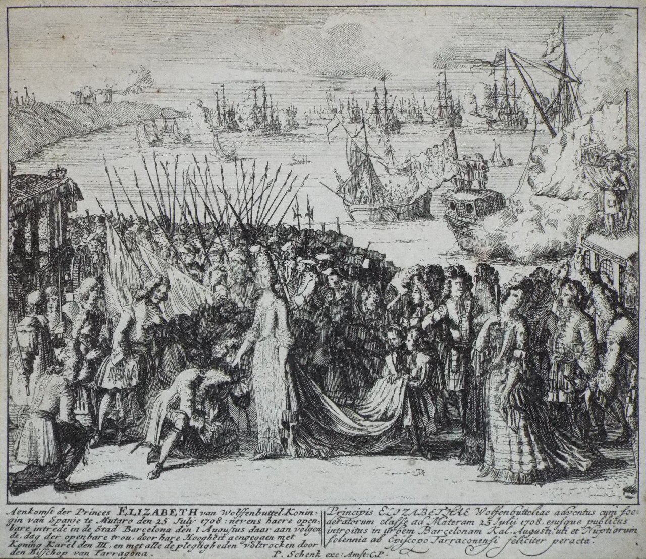 Etching - Aenkomst der Princess Elizabeth... 1708