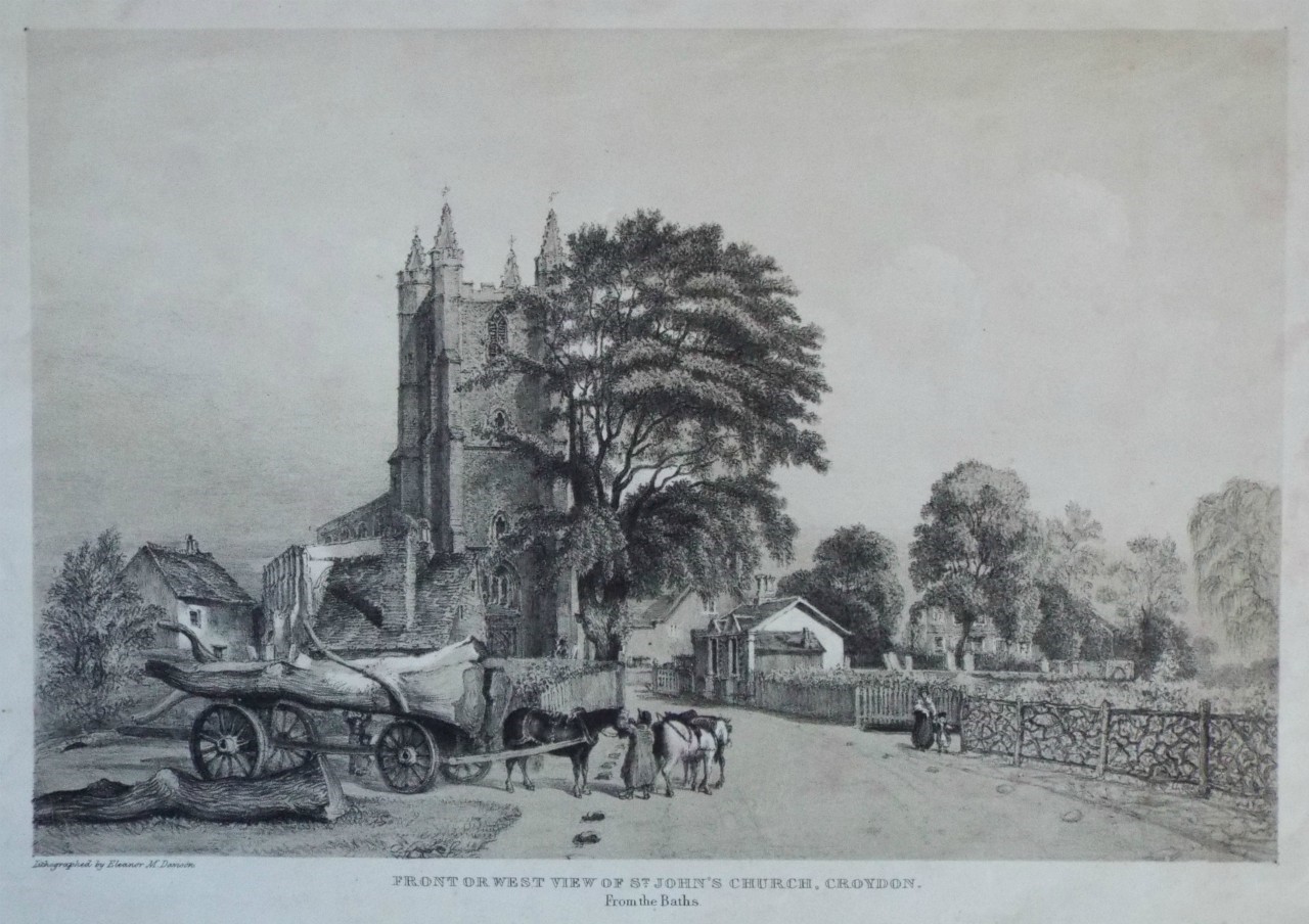 Lithograph - Front or West View of St. John's Church, Croydon. From the Baths. - Davison