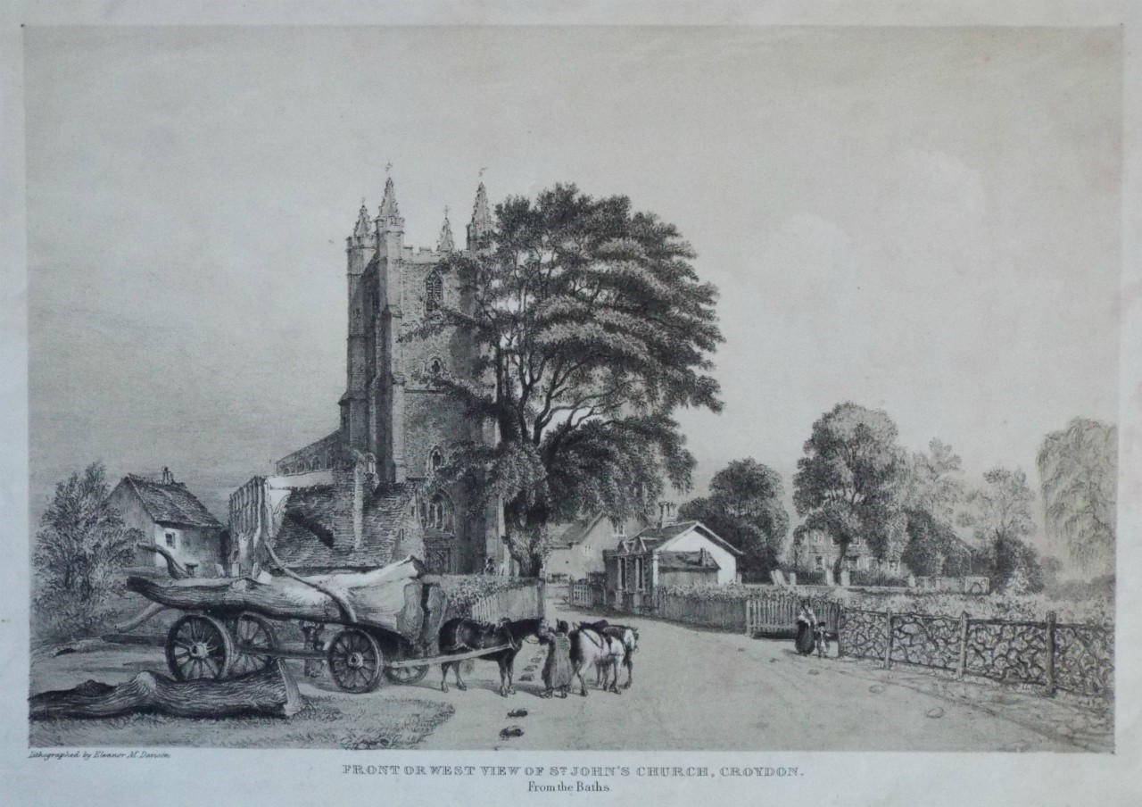 Lithograph - Front or West View of St. John's Church, Croydon. From the Baths. - Davison