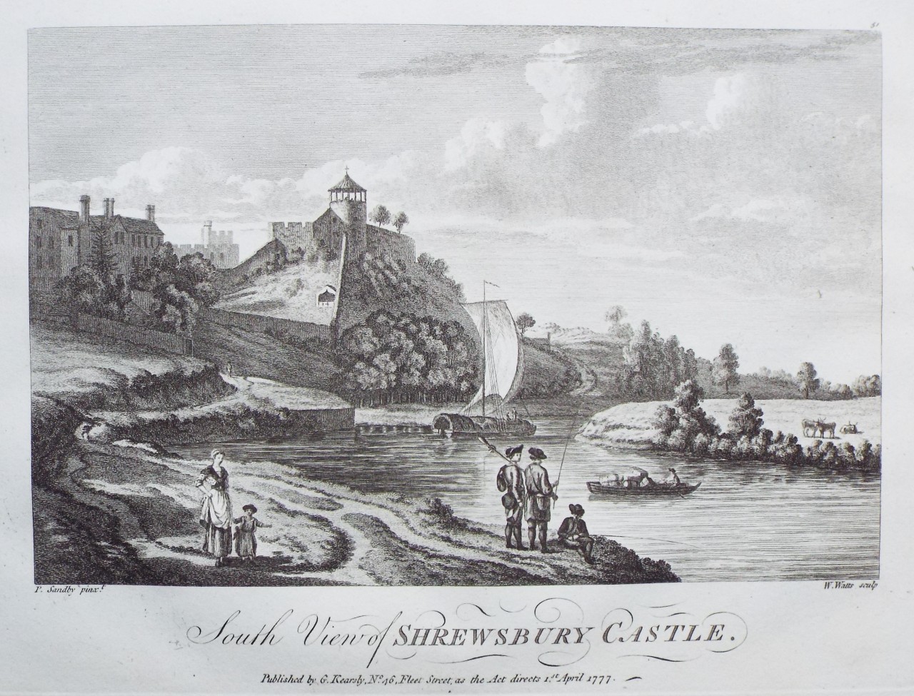 Print - South View of Shrewsbury Castle. - Watts