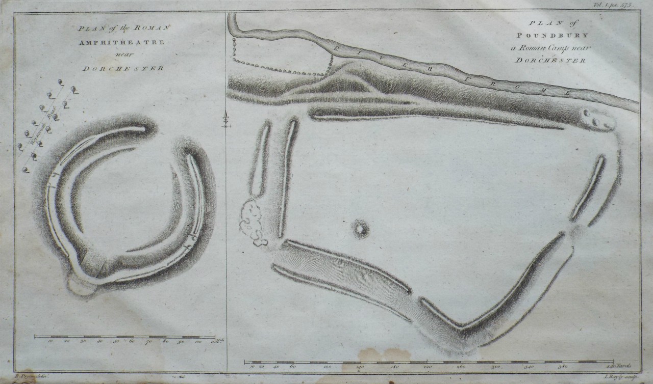 Print - Plan of the Roman Ampitheatre Near Dorchester. Plan of Poundbury, a Roman Camp near Dorchester. - Bayly