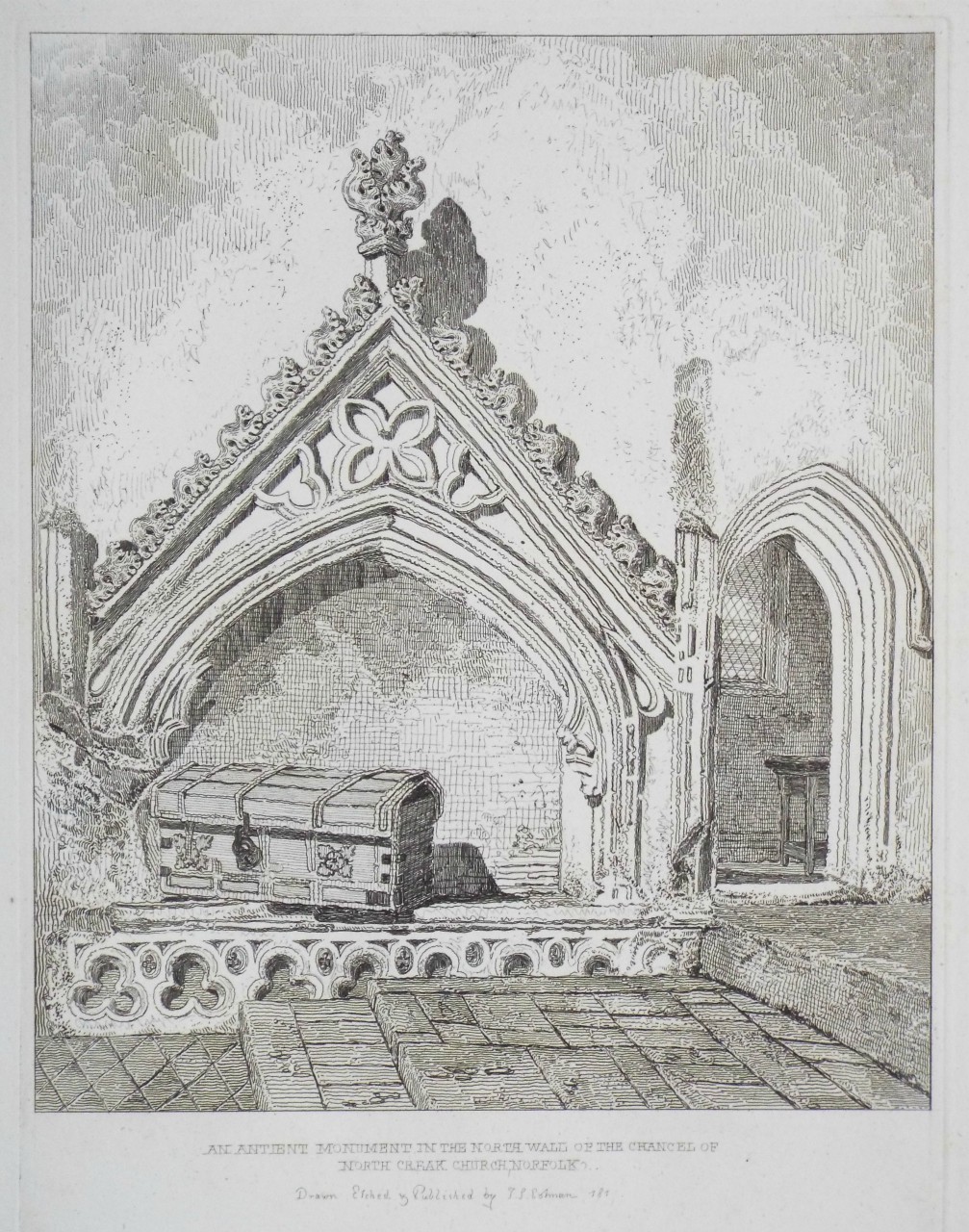 Etching - An Antient Monument in the North Wall of the Chancel of North Creak Church, Norfolk - Cotman