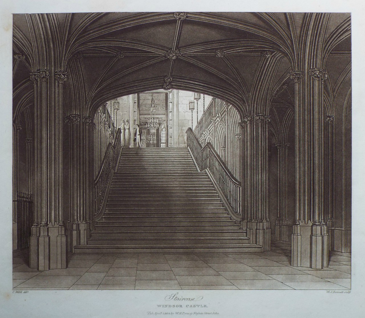 Aquatint - Staircase, Windsor Castle. - Bennett
