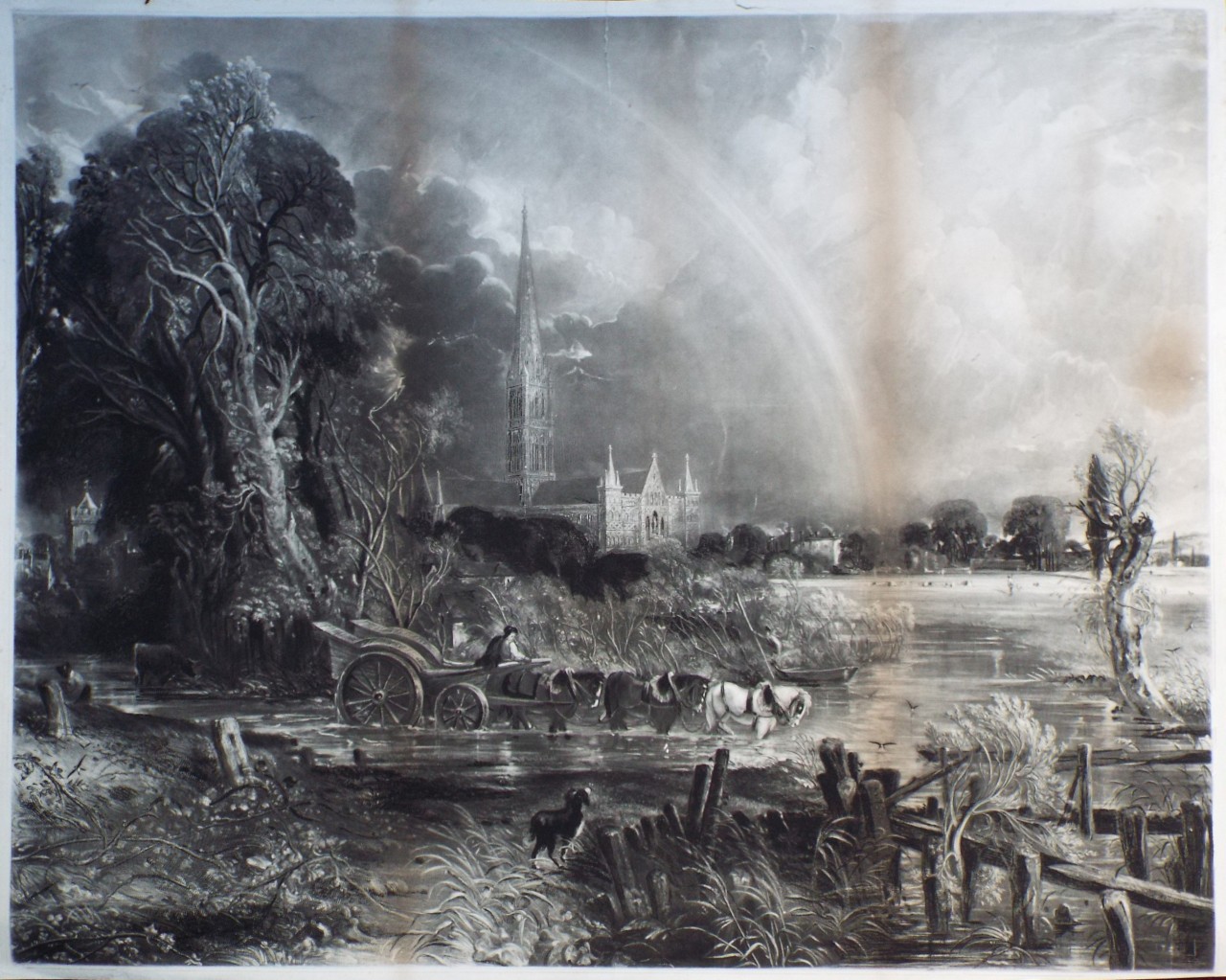 Mezzotint - Salisbury Cathedral from the Meadows - Lucas