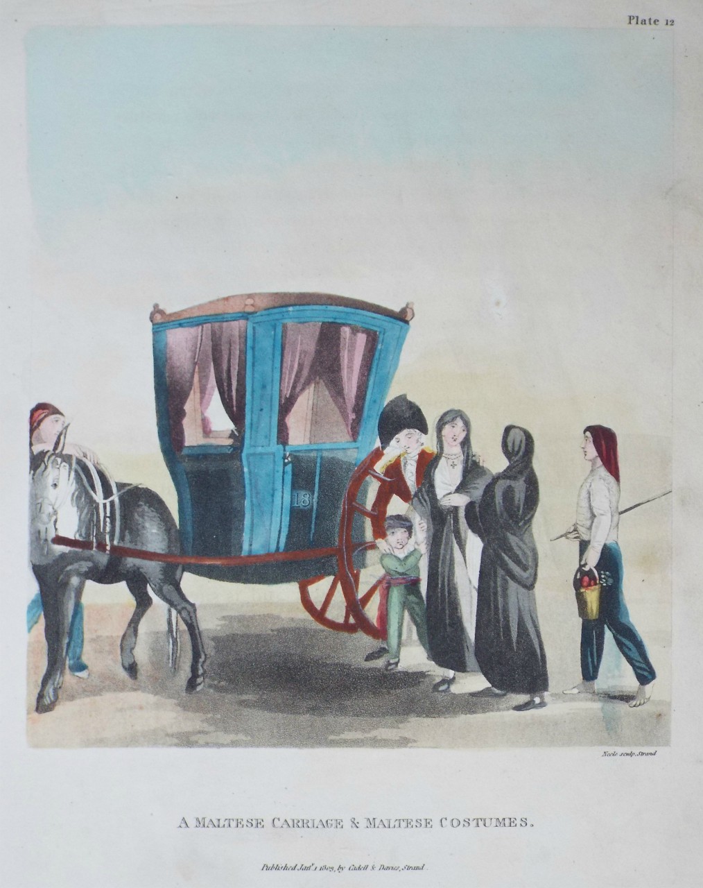 Aquatint - A Maltese Carriage & Maltese Costumes. - 