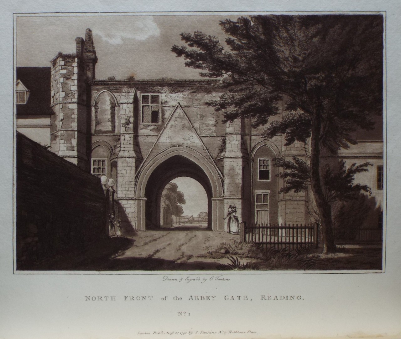 Aquatint - North Front of the Abbey Gate, Reading. - Tomkins