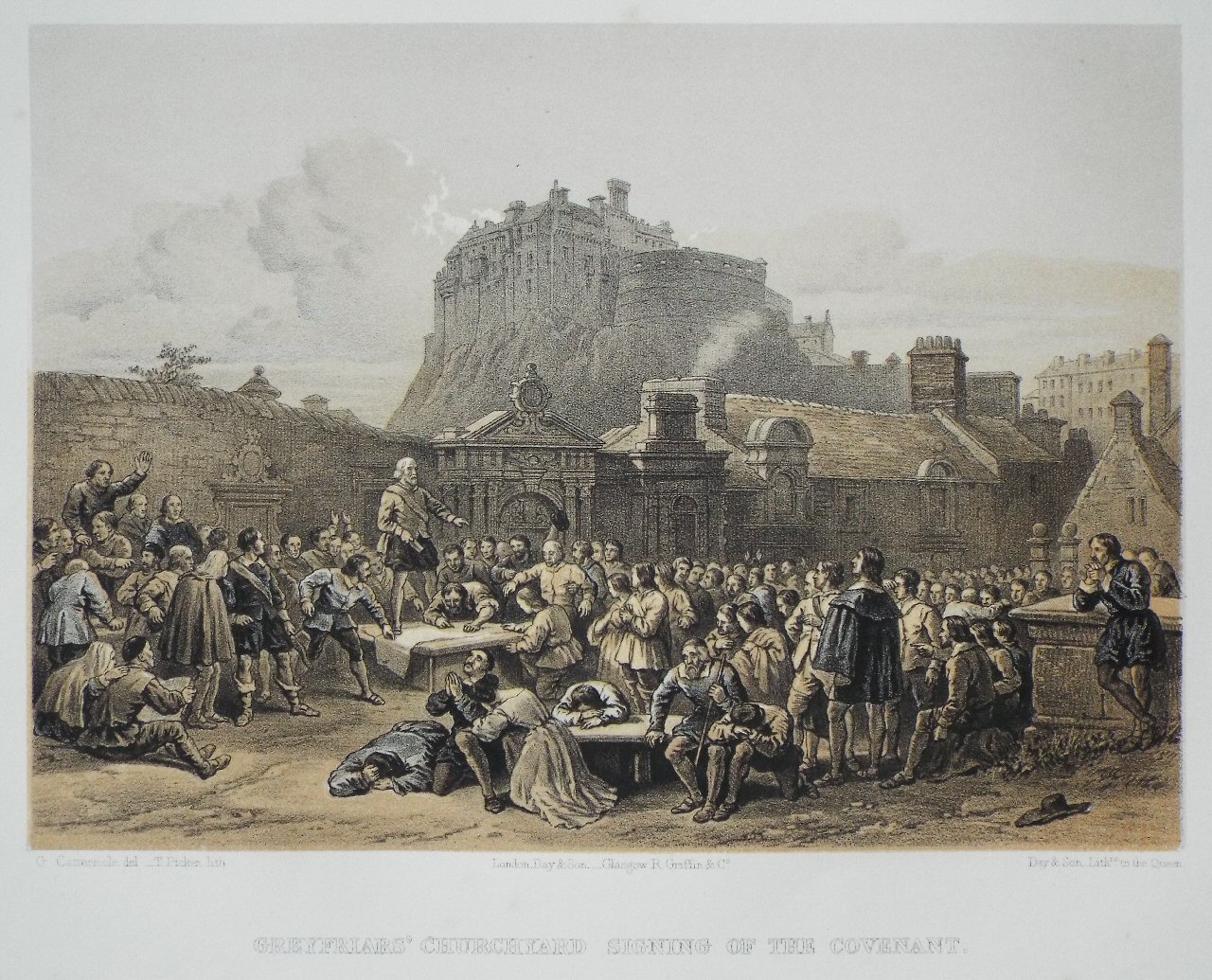 Lithograph - Greyfriars' Churchyard Signing of the Covenant. - Picken