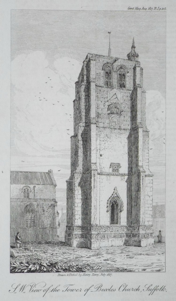Print - S.W. View of the Tower of Beccles Church, Suffolk. - Davy
