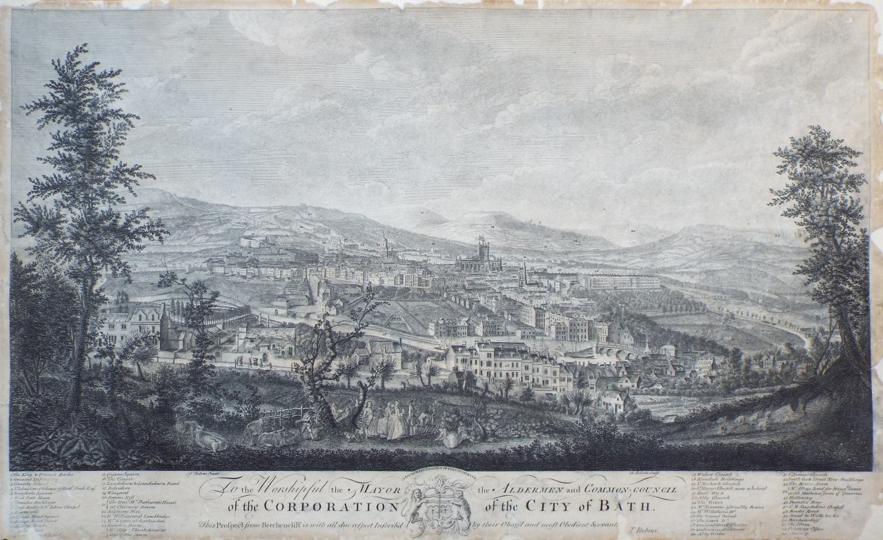 Print - To the Worshipful the Mayor the Aldermen and Common-Council of the Corporation of the City of Bath. The Prospect from Beechen Cliff is with all respect Inscribed by their Oblig'd and most Obedient Servant T. Robins. - Roberts
