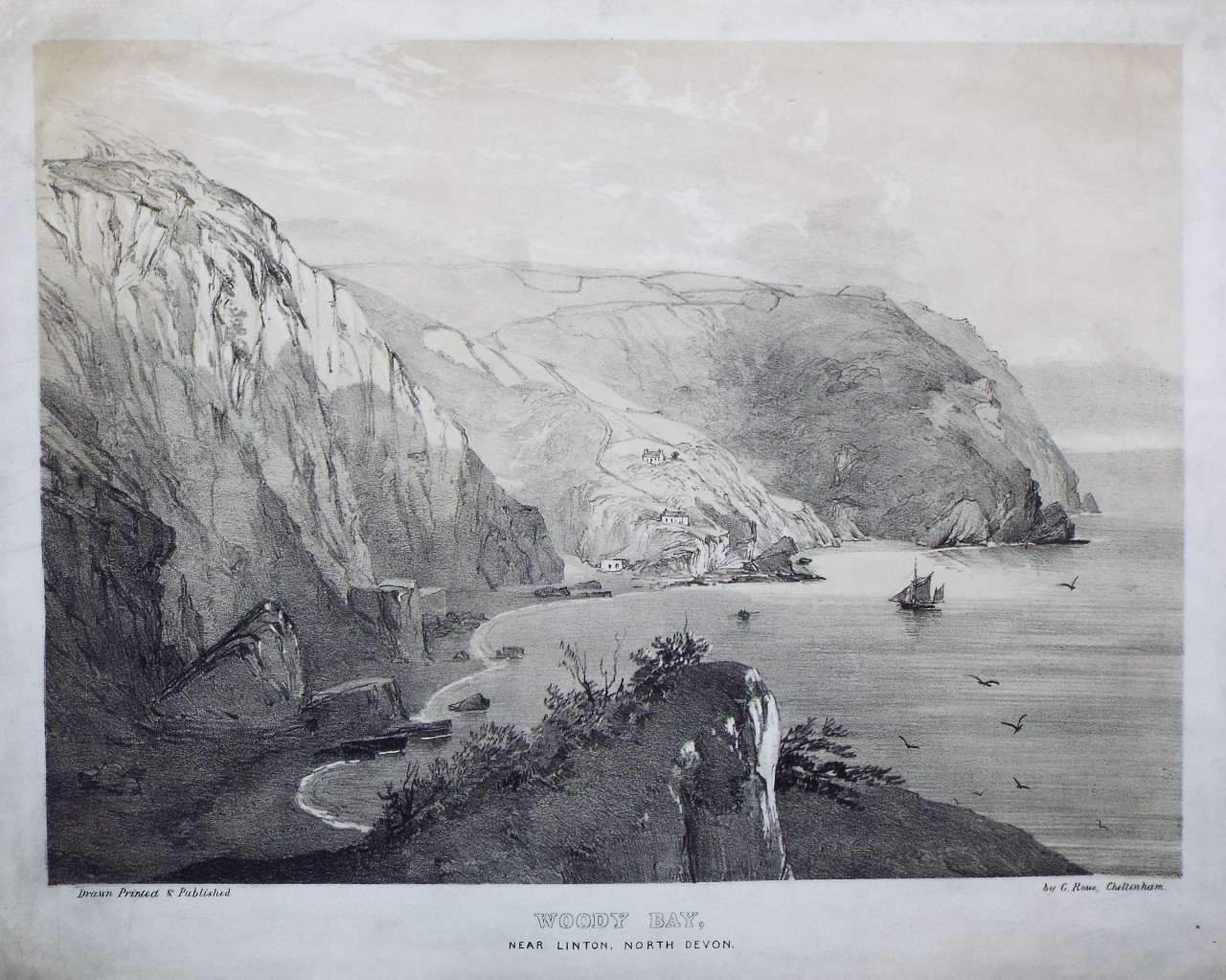 Lithograph - Woody Bay, near Linton, North Devon. - Rowe