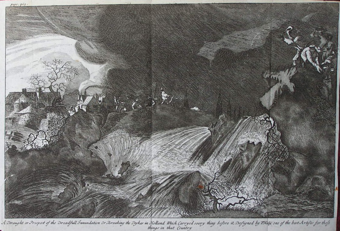 Print - Draught or Prospect of the Dreadfull Innundation or Breaking the Dykes in Holland Which Carryed every thing before it, Designed by P.Napl one of the best Artists for those things in that Country.