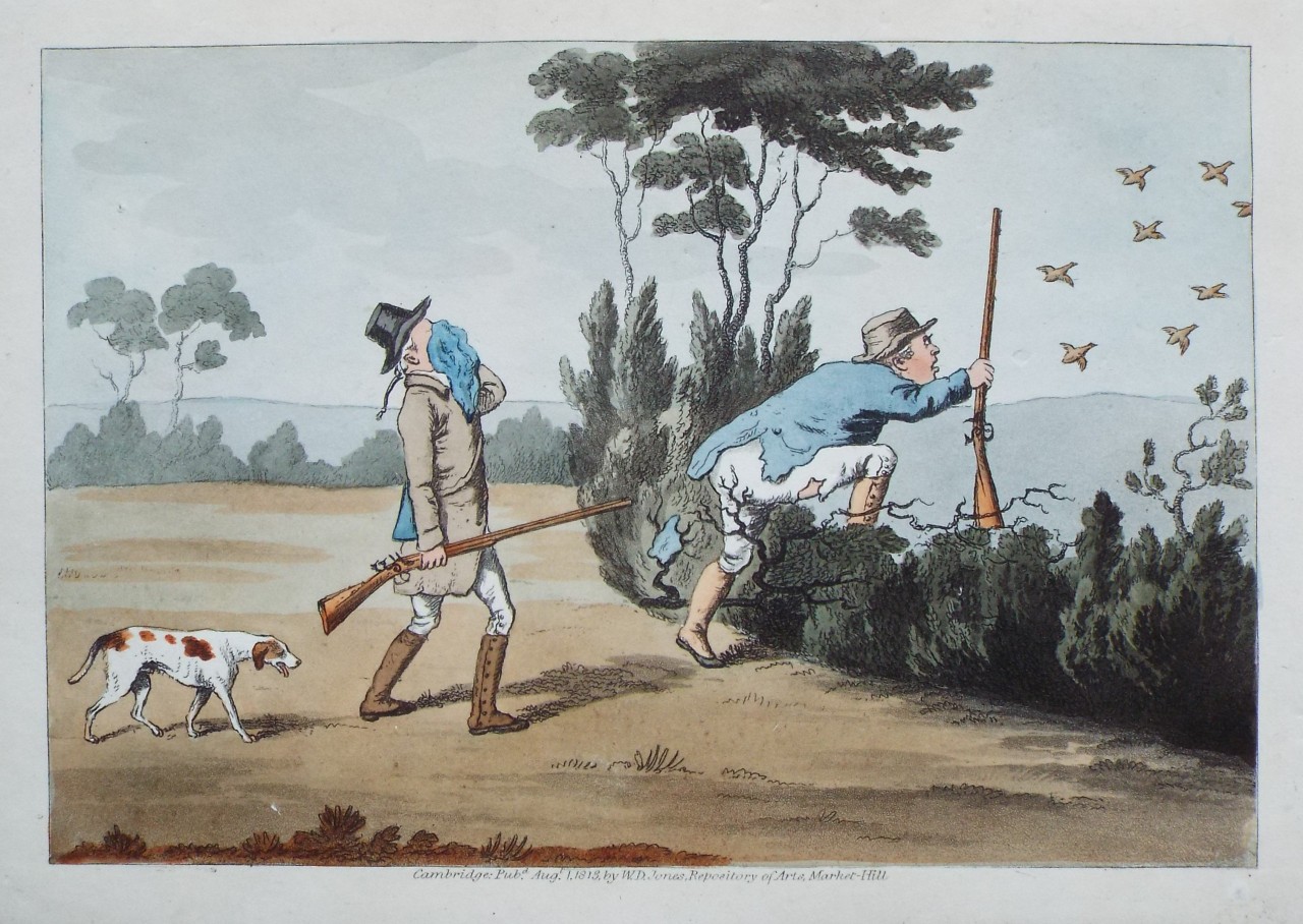 Aquatint - Sportsman climbing hedge, second sportsman following with dog and pointing gun dangerously; birds disappearing. - Woodman