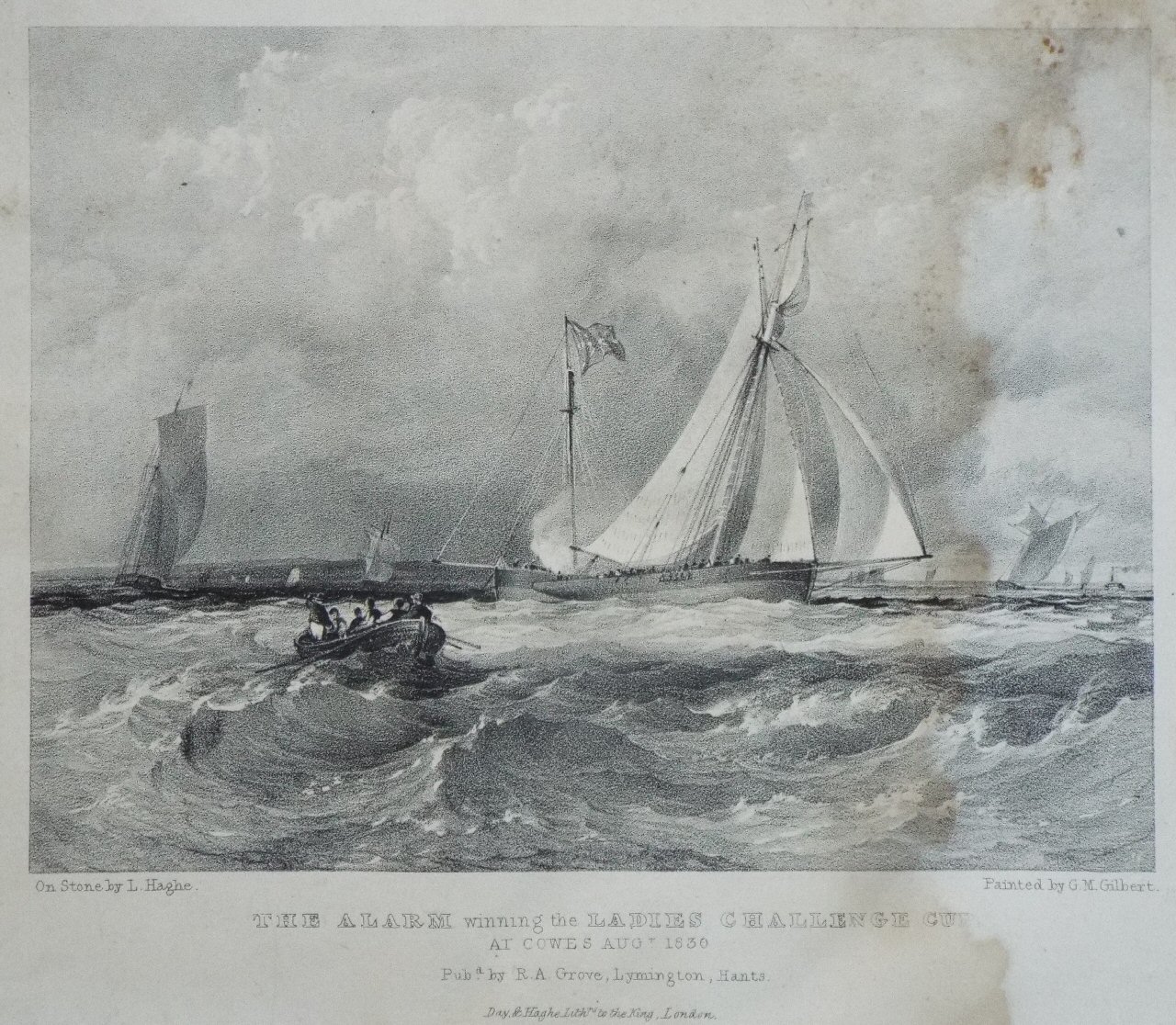 Lithograph - The Alarm winning the Ladies Challenge Cup at Cowes Augt. 1830 - Haghe