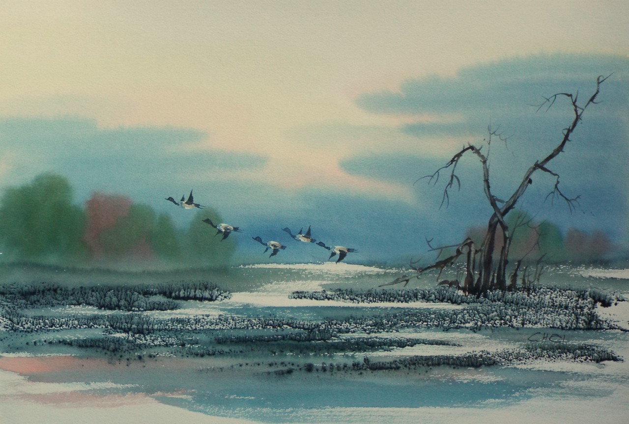 Watercolour - Oriental coastal landscape