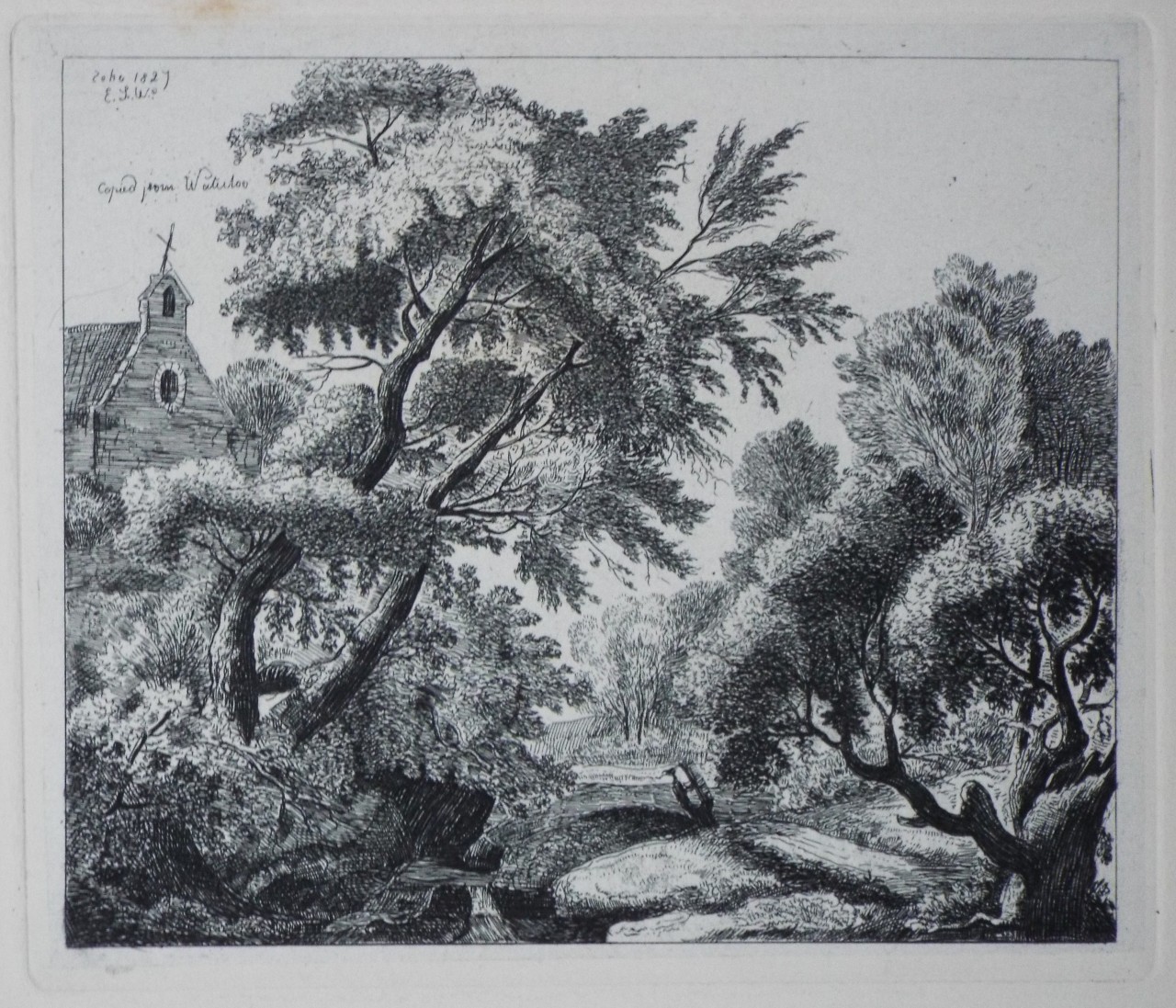 Etching - Landscape of wooded valley and church - Wilkinson