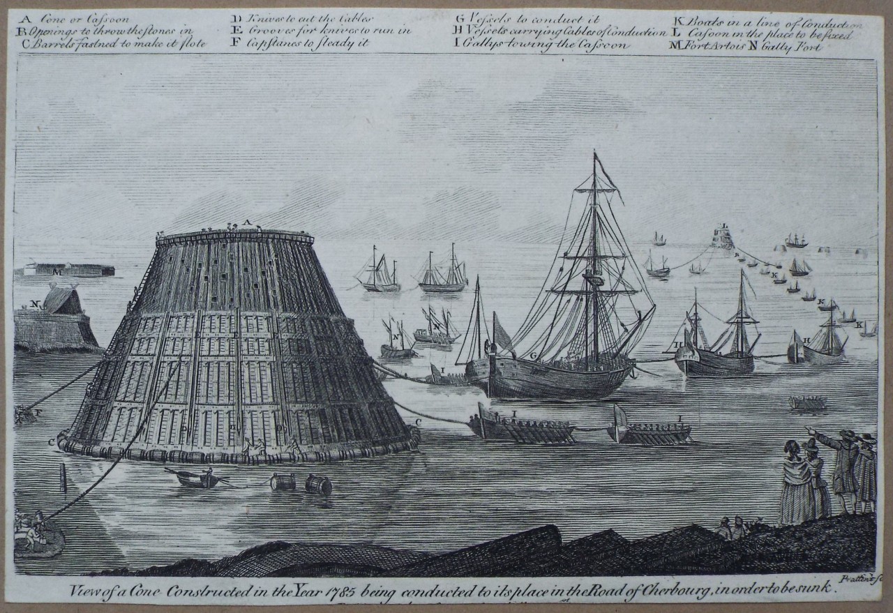 Print - Sinking of a Cone Constructed in the Year 1785 being conducted to its place in the Road of Cherbourg, in order to be sunk. - 