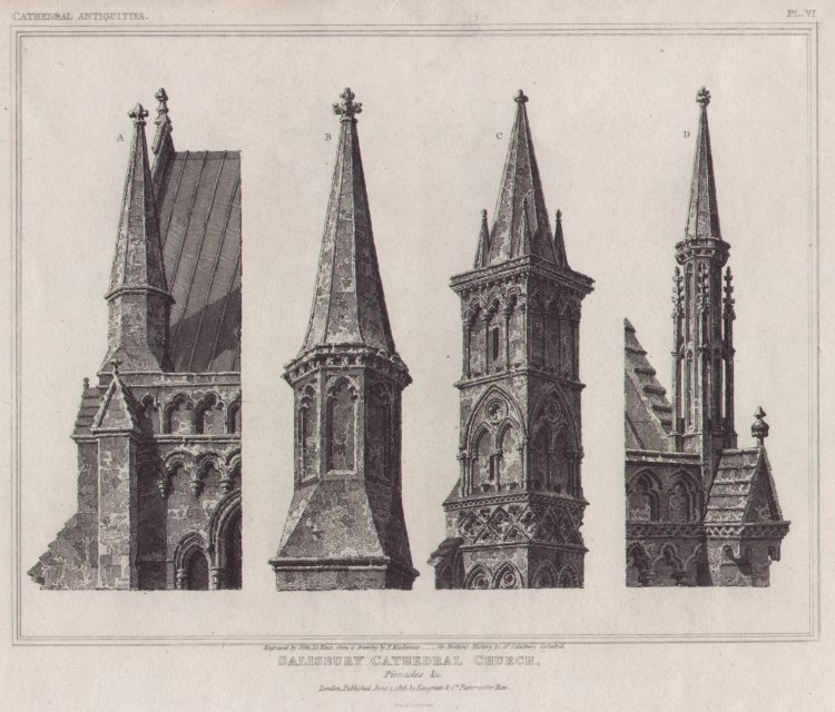 Print - Salisbury Cathedral Church Pinnacles &c - Le