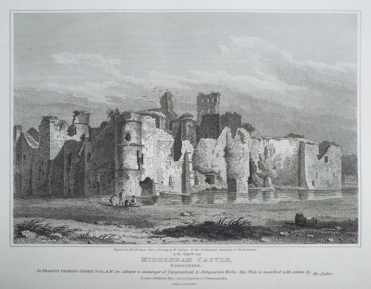 Print - S. W. View of Middleham Castle, Yorkshire. - Barenger