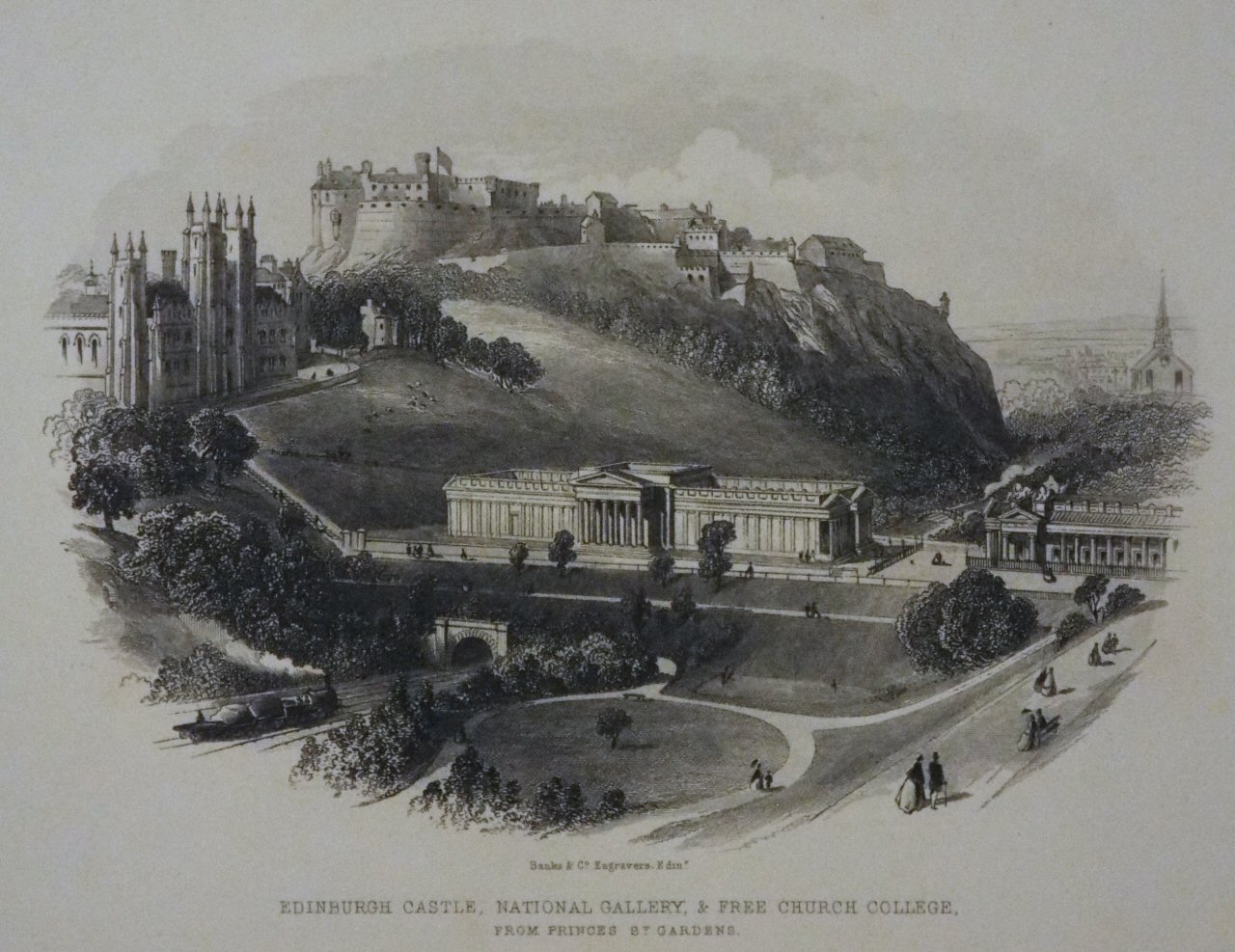 Steel Vignette - Edinburgh Castle, National Gallery & Free Church College. From Prices Street Gardens. - 