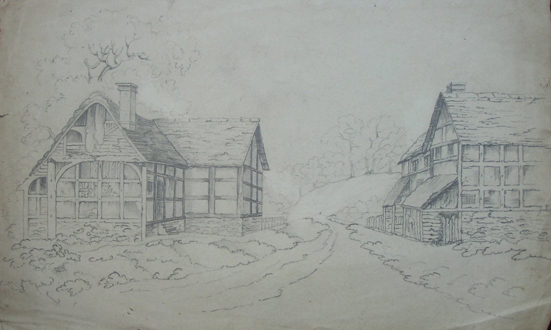 Pencil sketch - (Half-timbered buildings either side of a lane)