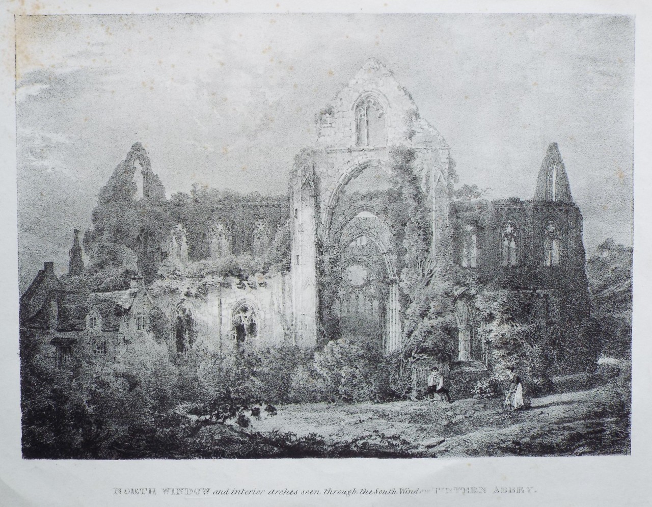 Lithograph - North Window and interior arches seen through the South Window, Tintern Abbey.