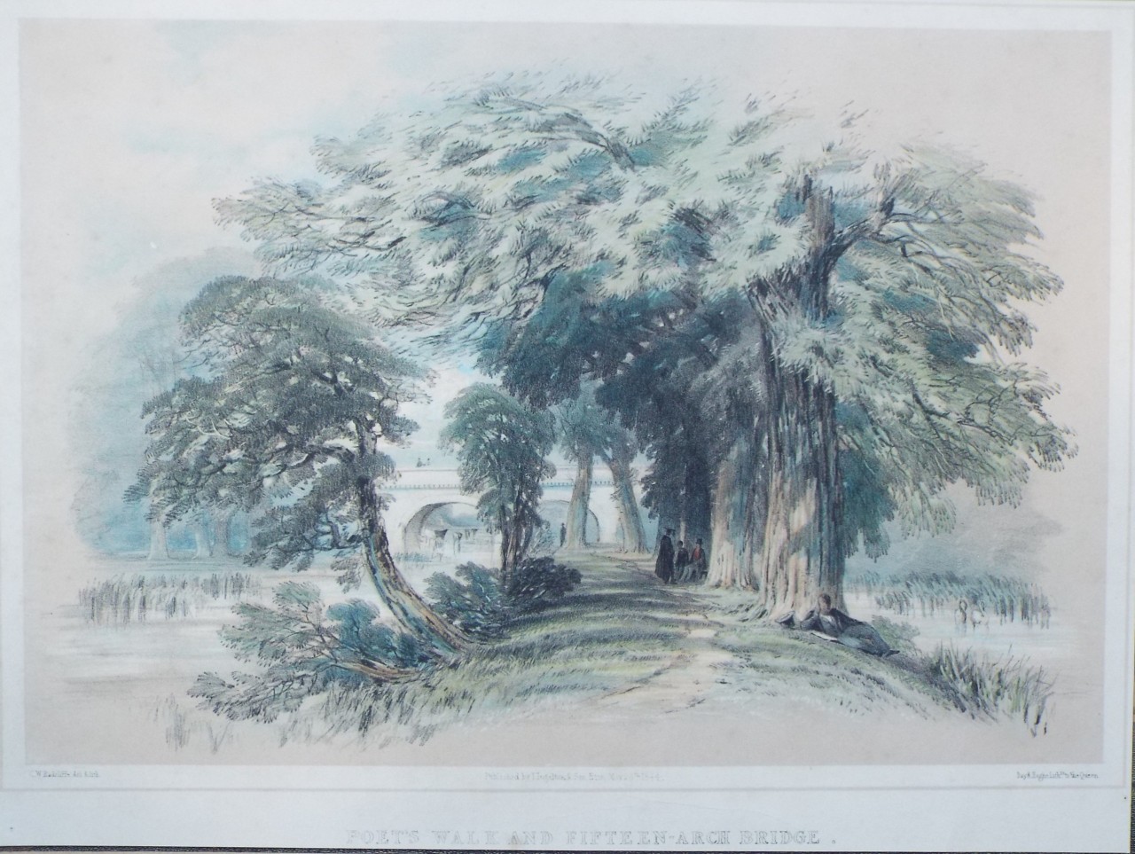 Lithograph - Poet's Walk and Fifteen-Arch Bridge. - Radclyffe