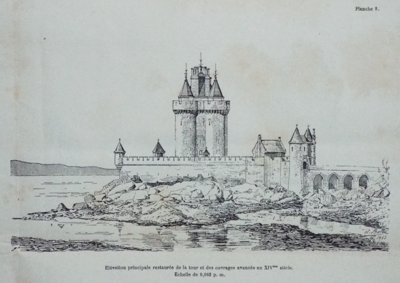 Wood - Elevation principale restauree de la tour et des ouvrages avances au XIVme siecle. Echelle 0,002 p. m.