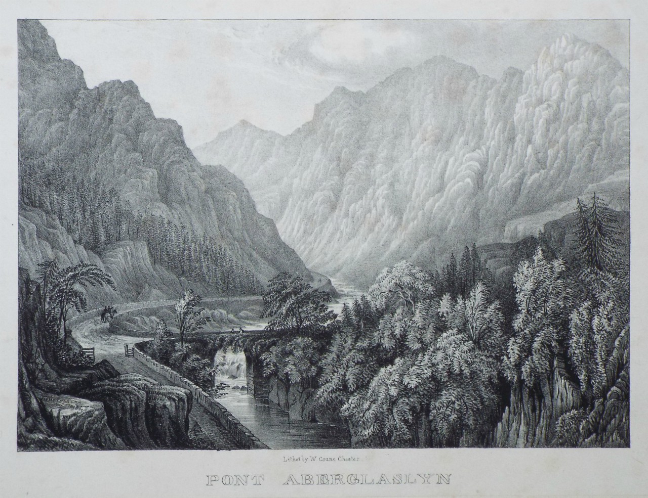 Lithograph - Pont Aberglaslyn, - Crane