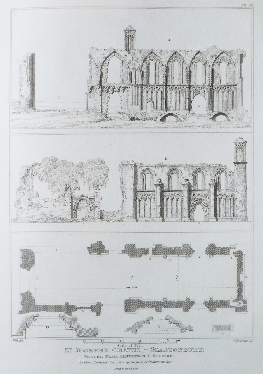 Print - St. Joseph's Chapel, Glastonbury. Ground Plan, Elevation & Section. - Le