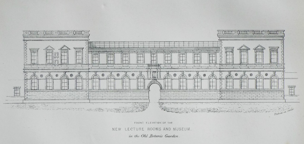 Lithograph - Front Elevation of the New Lecture Rooms and Museum. in the Old Botanic Garden.