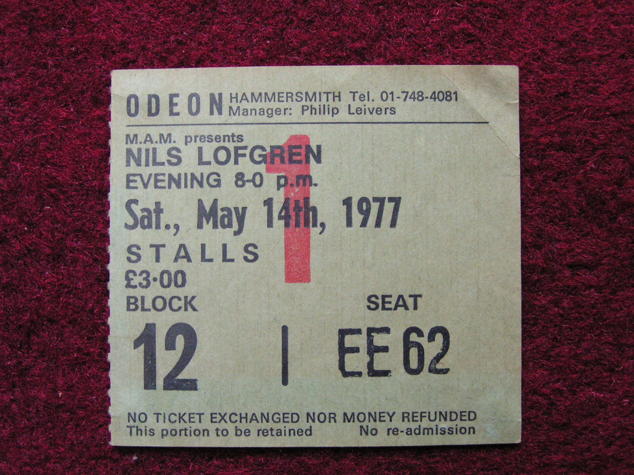 Ticket Stub - Nils Lofgren Hammersmith Odeon Sat May 14 77