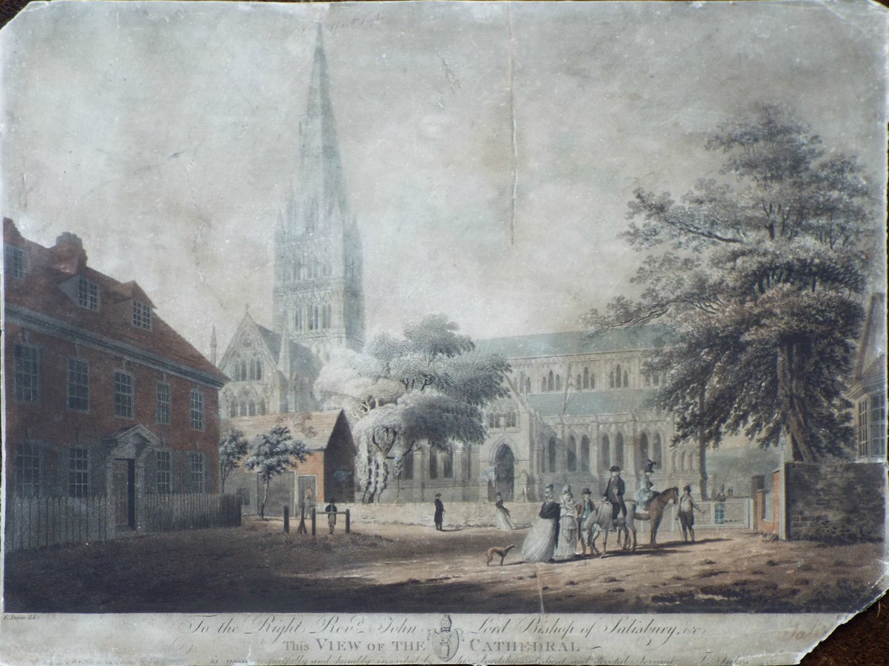 Aquatint - To the Right Revb. John Lord Bishop of Salisbury, This View of the Cathedral is most respectfully and humbly inscribed by his Lordship's obedient and  devoted Servant, F. Jukes. - Jukes