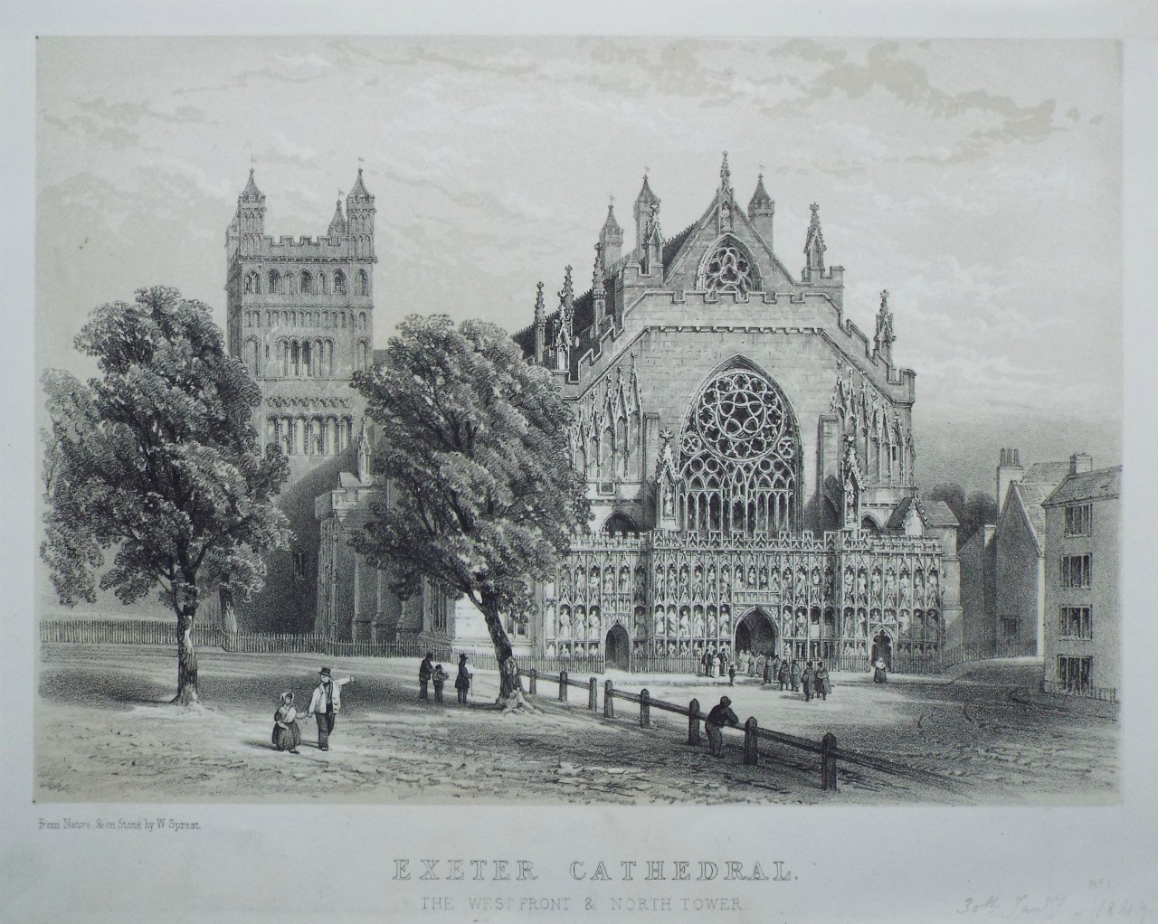Lithograph - Exeter Cathedral. The West Front & North Tower. - Spreat