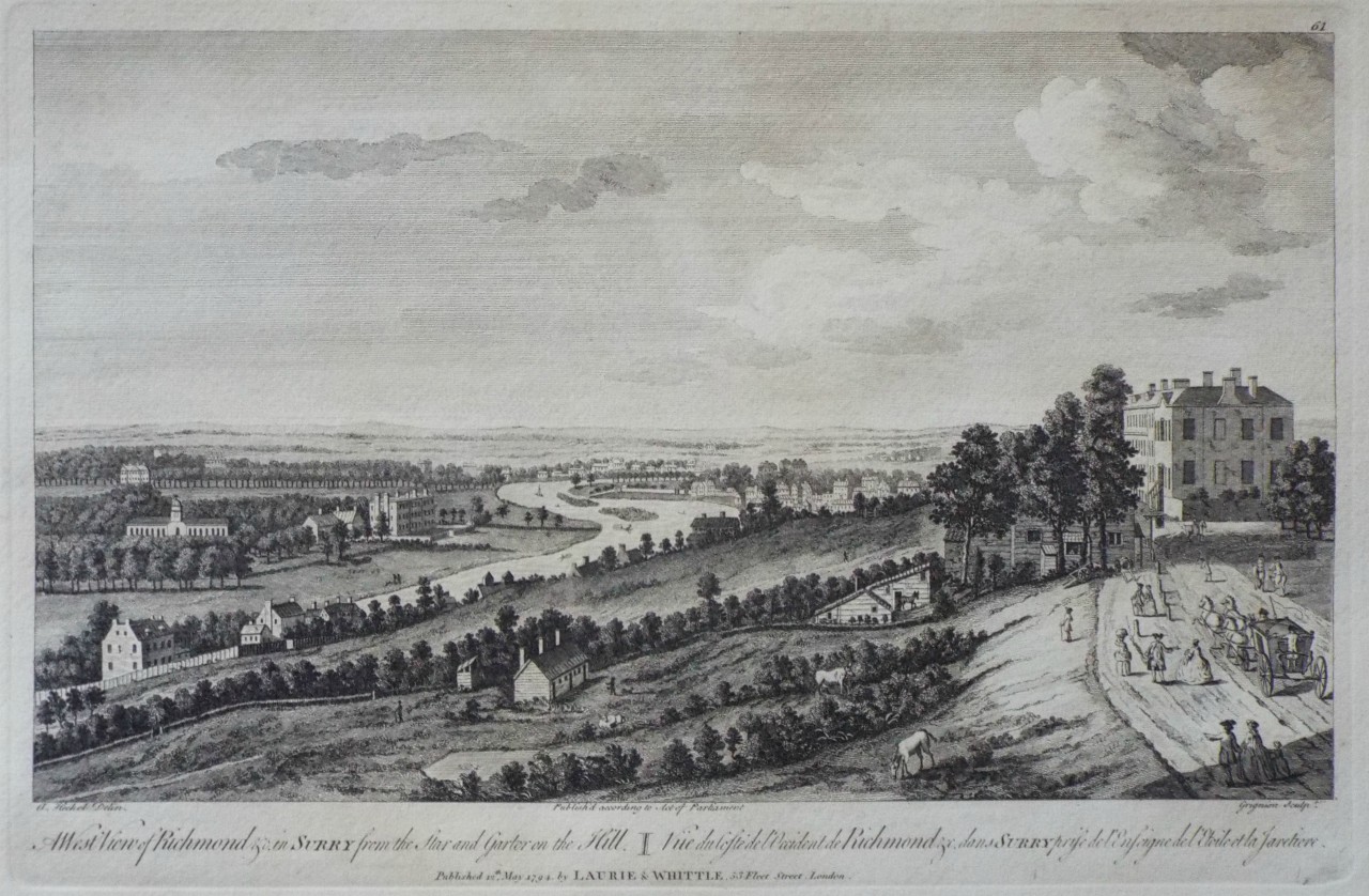 Print - West View of Richmond &c. in Surry from the Star and Garter on the Hill.
Vue de Coste de l'Occident de Richmond &c. dans Surry prise de l'Enseigne de l'Etoile et la Jaretiere. - 