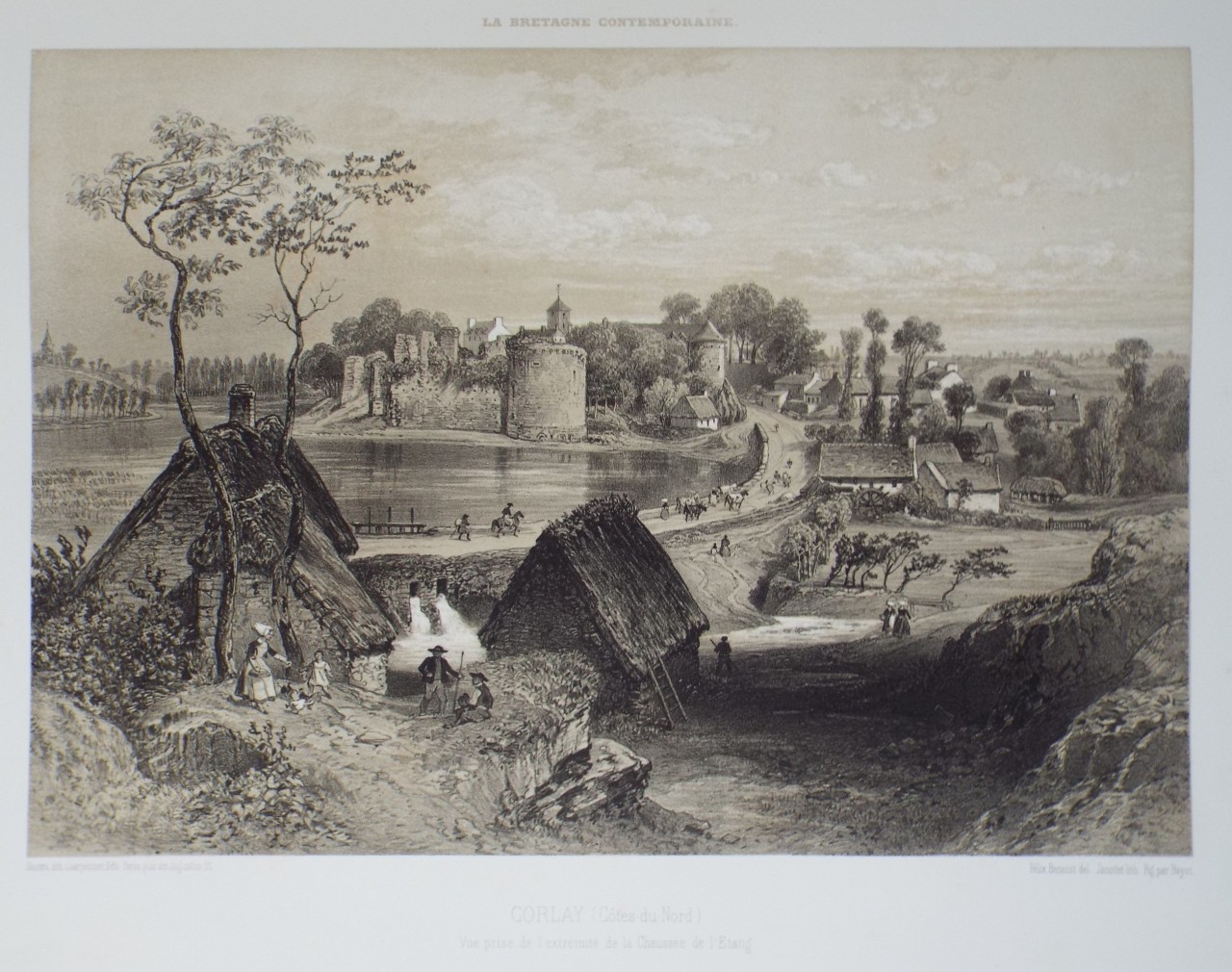 Lithograph - Corlay. (Codes-du-Nord) Vue prise de l'extremite de la Chaussee de l'Etang. - 