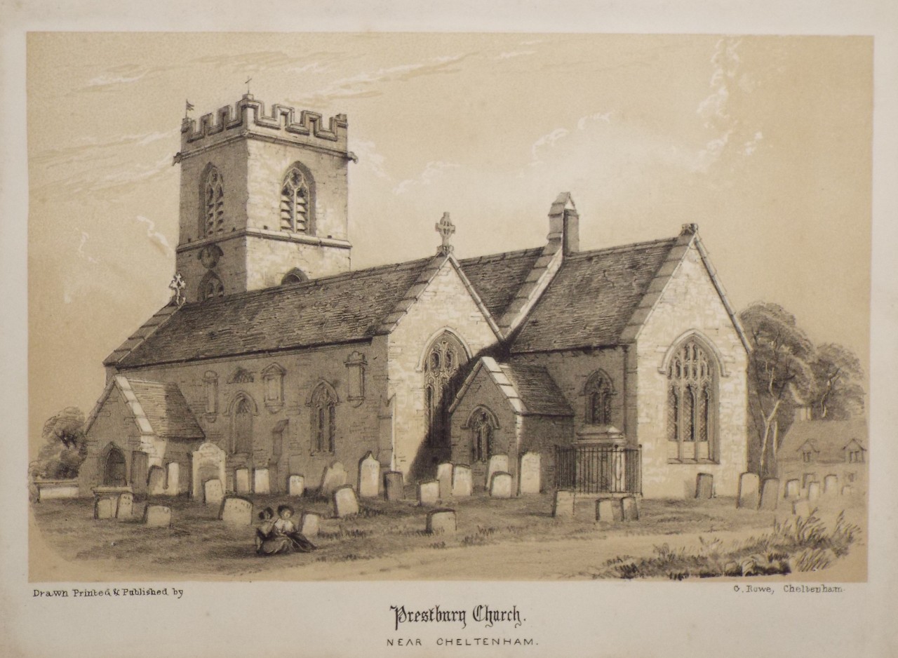 Lithograph - Prestbury Church. Near Cheltenham. - Rowe