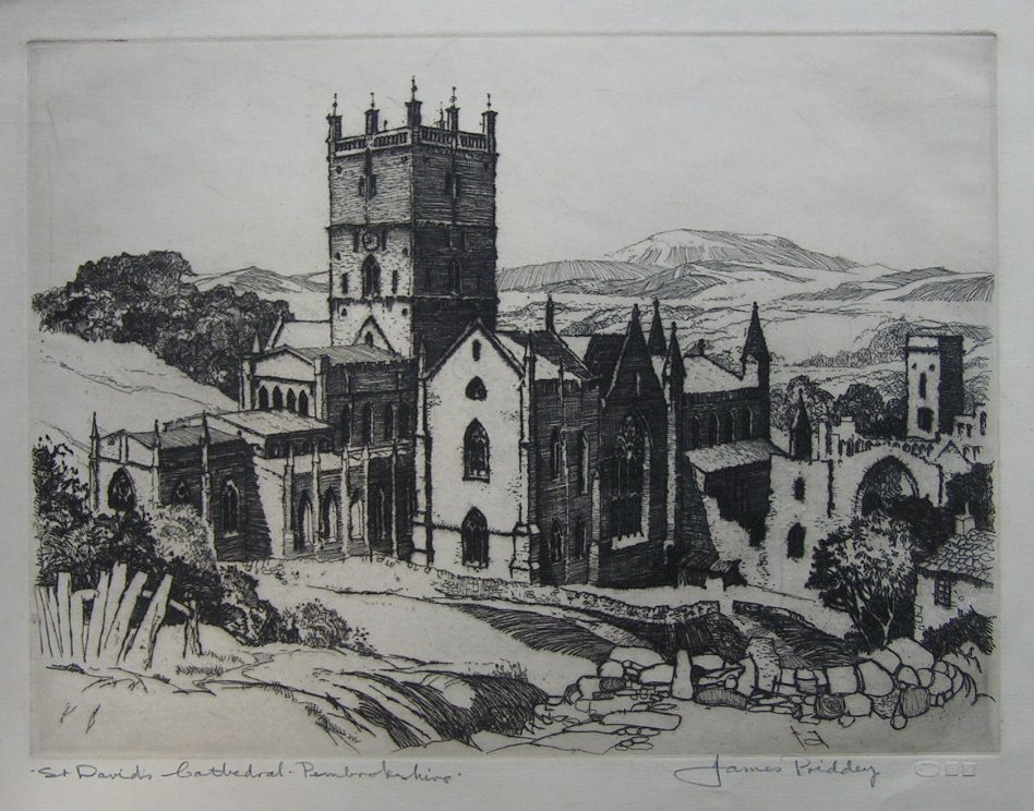 Etching - St David's Cathedral, Pembrokeshire. - Priddey,
