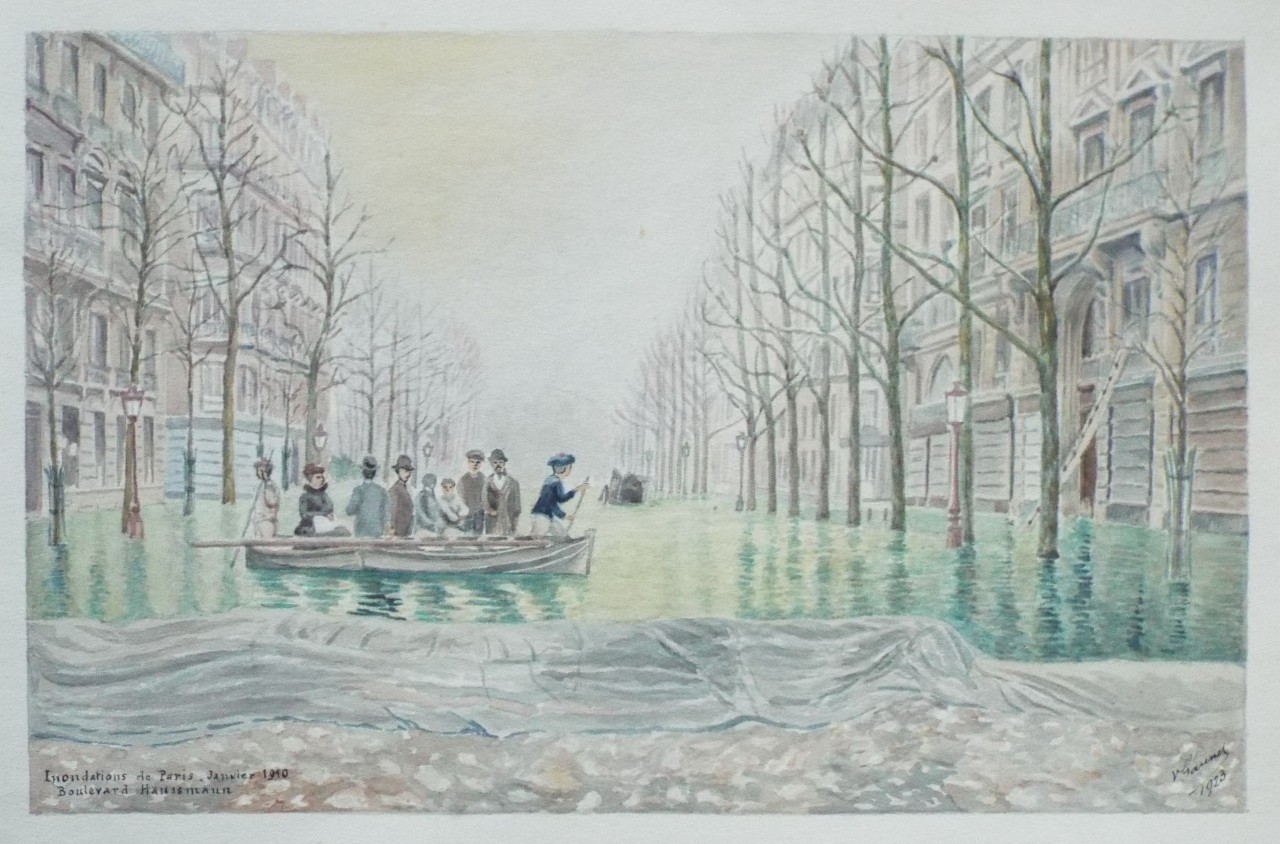 Watercolour - Inondations de Paris, Janvier 1910 Boulevard Haussmann