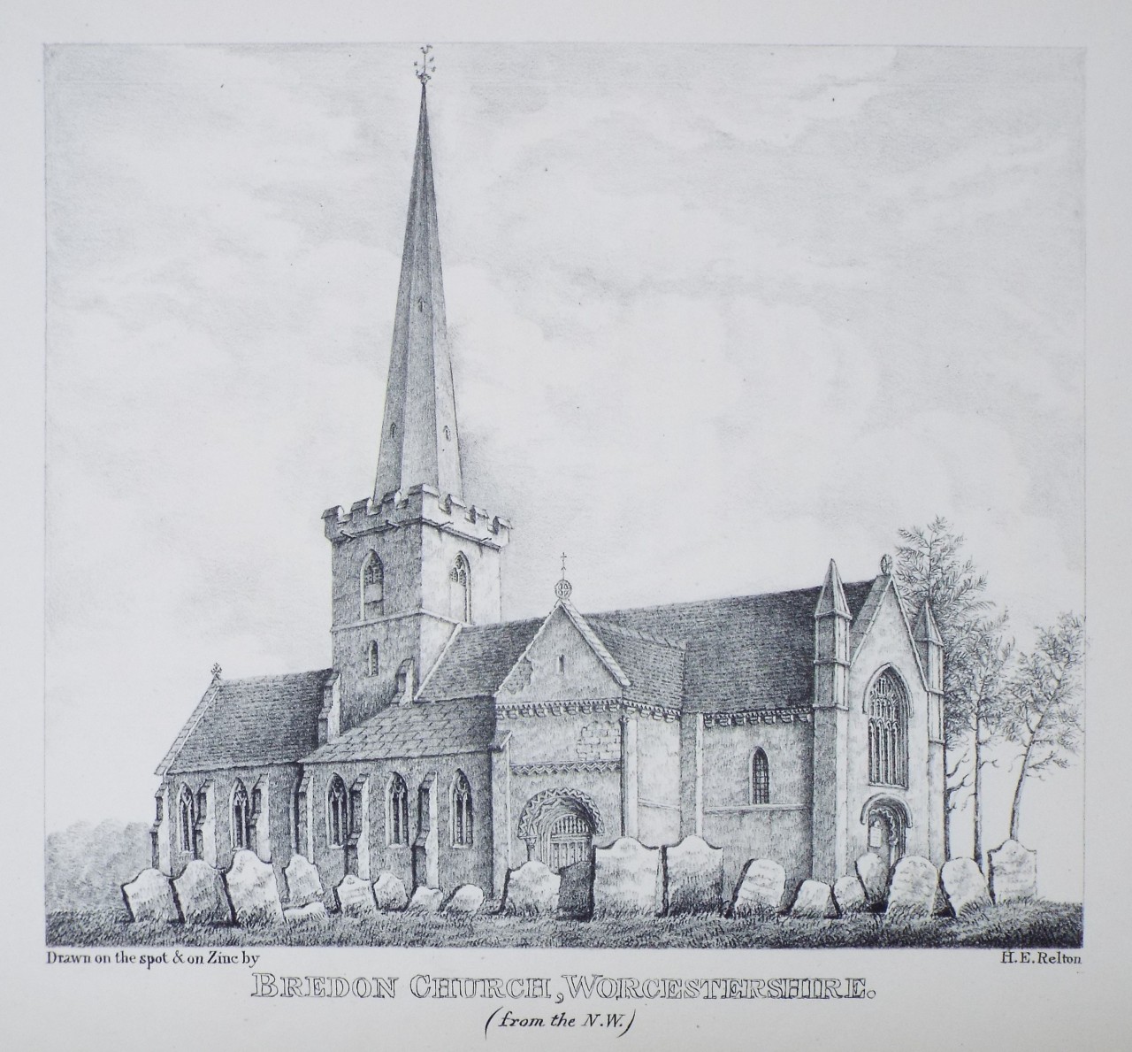 Zinc Lithograph - Bredon Church, Worcestershire. (from the N.W.) - Relton