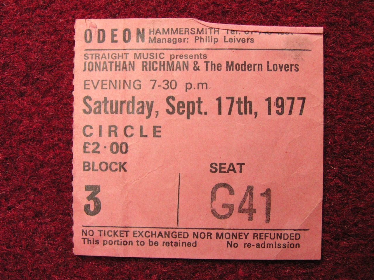 Ticket Stub - Jonathan Richman Hammersmith Odeon Sat 17/9/77