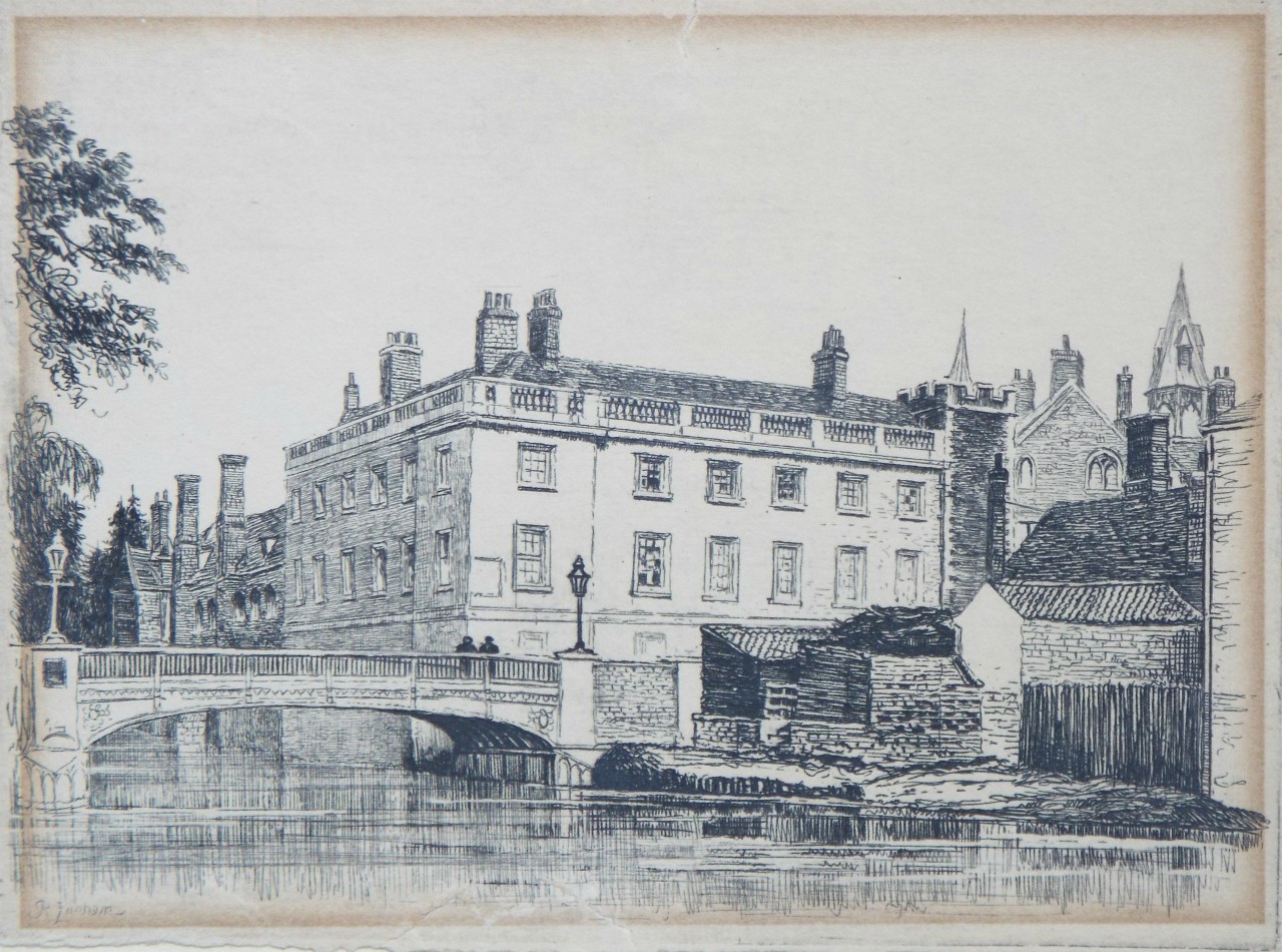 Etching - Queens' College and Small Bridge, from the River  - Farren