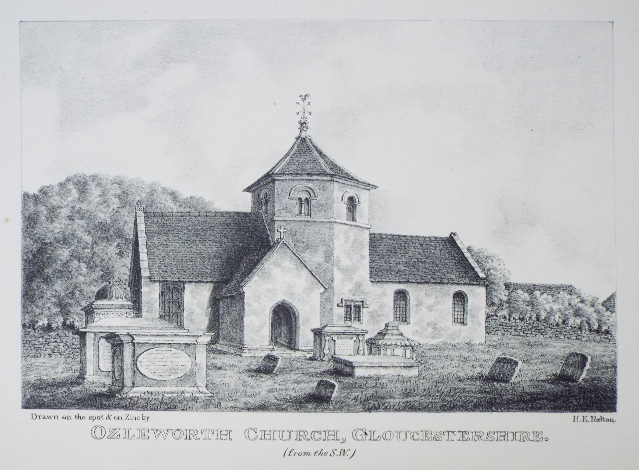 Zinc Lithograph - Ozleworth Church, Gloucestershire. (from the S.W.) - Relton