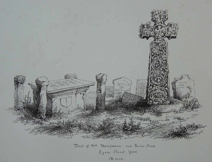 Lithograph - Tomb of Mrs Mompesson and Runic Cross, Eyam Churchyard