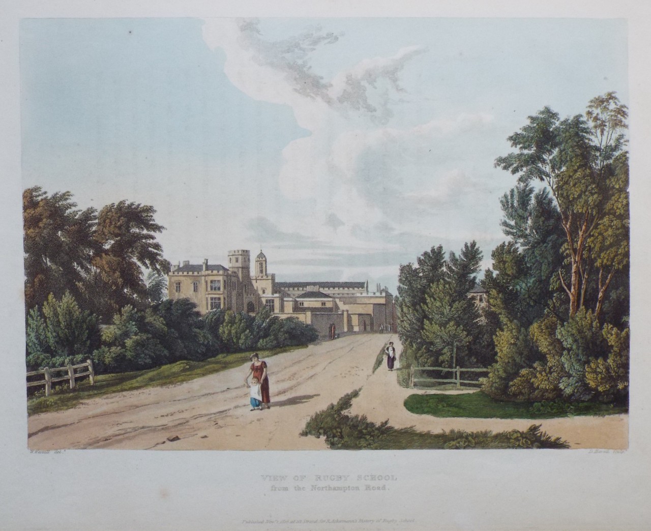 Aquatint - View of Rugby School from the Northampton Road. - Havell