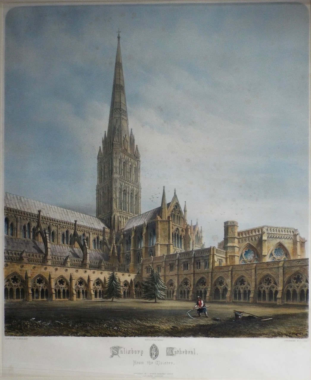 Lithograph - Salisbury Cathedral, from the Cloisters.