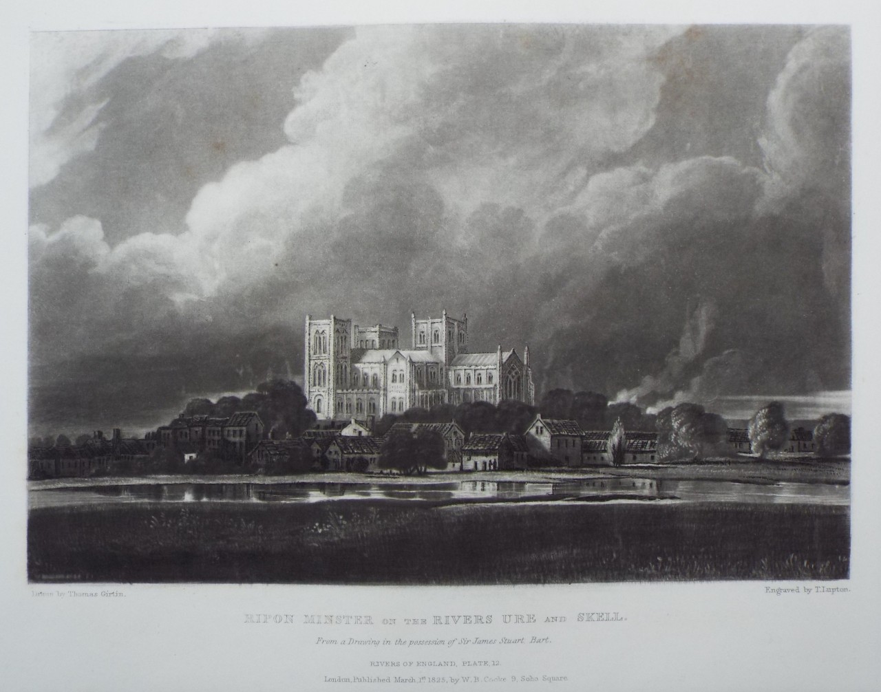 Mezzotint - Ripon Minster onthe Rivers Ure and Skell. - Lupton