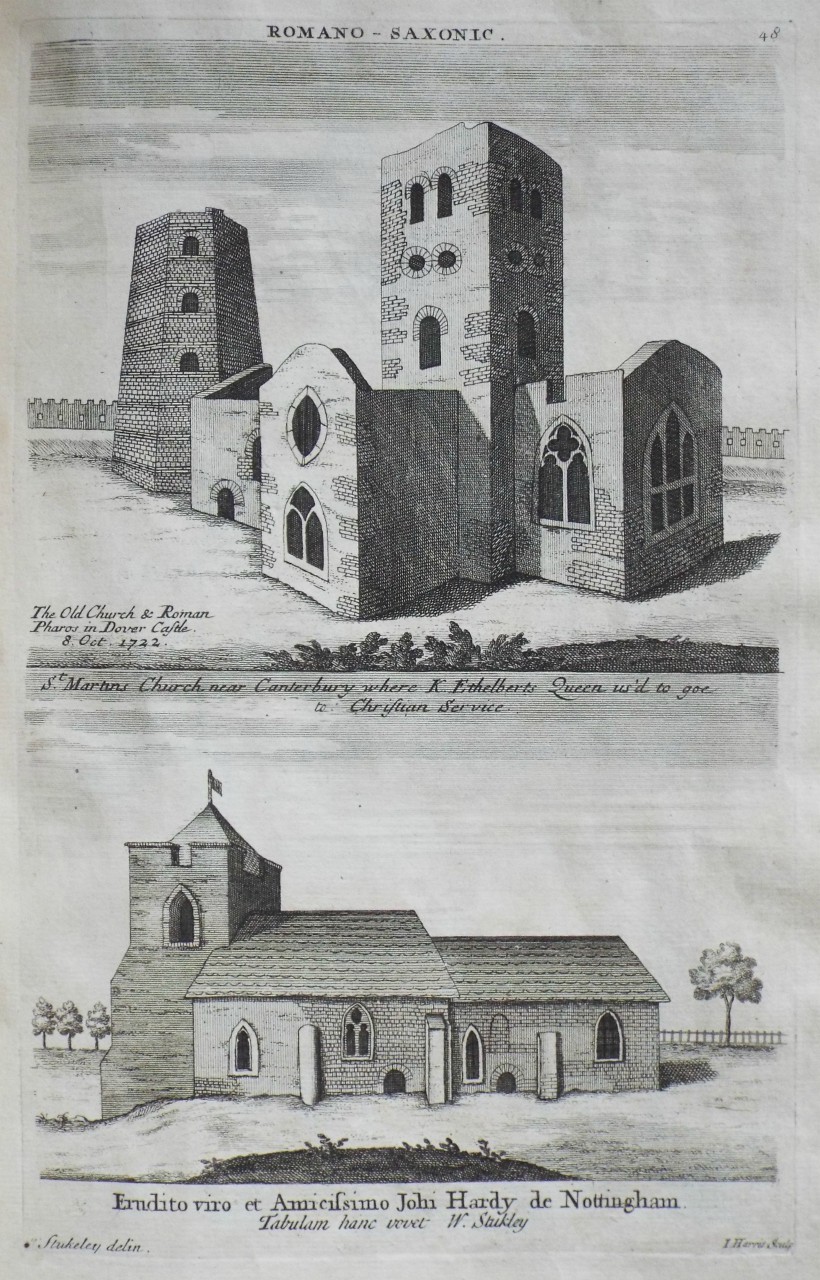 Print - Romano - Saxonic. 
The Old Church & Roman Paros in Dover Castle. 8. Oct. 1722.
St. Martins Church, near Canterbury where K. Ethelberts Queen us'd to goe to Christian Service. - Harris