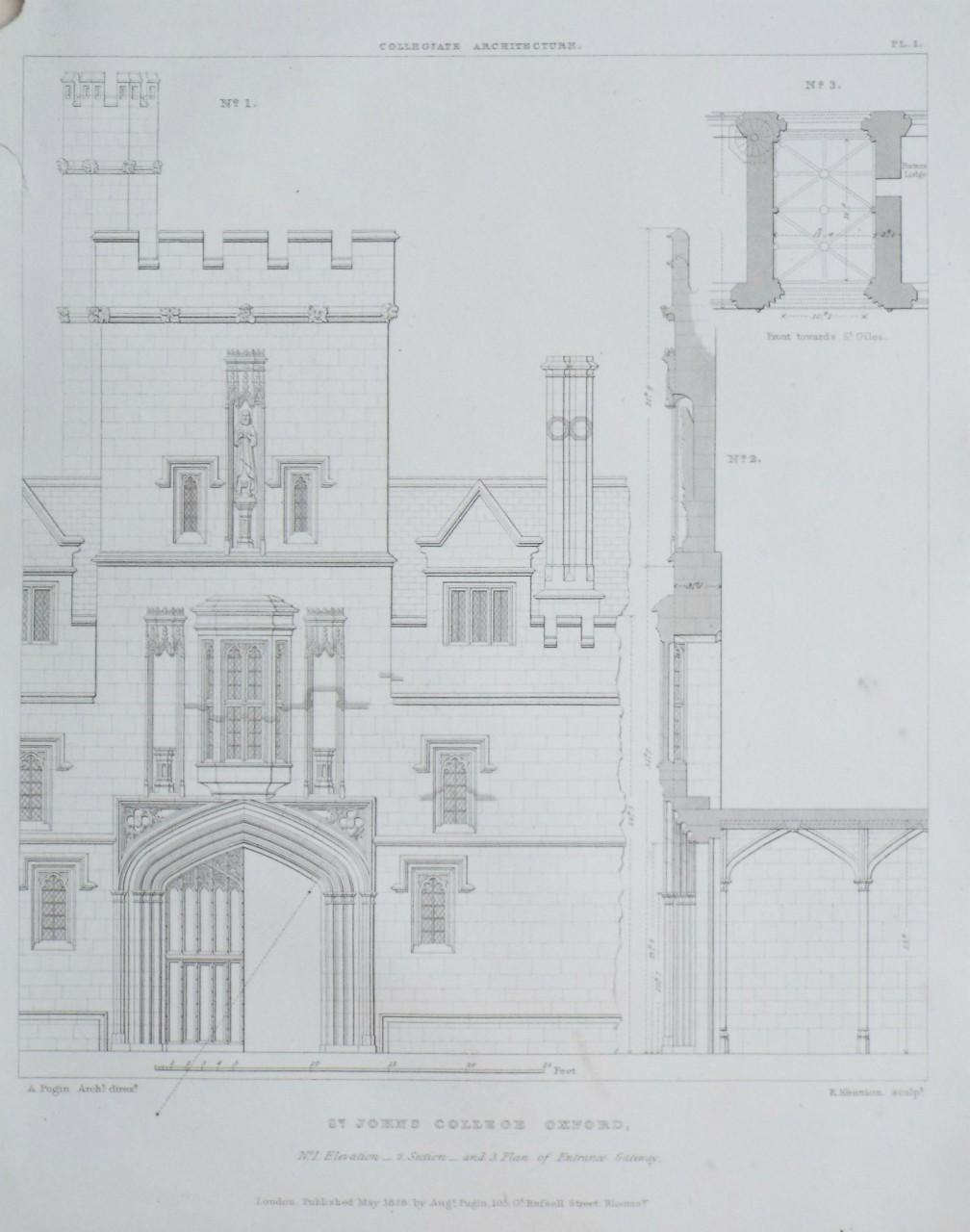 Print - St. Johns College, Oxford, No. 1 Elevation - 2. Section - and 3. Plan of Entrance Gateway.Centre & adjoining Compartment of Cloisters. - Kennion