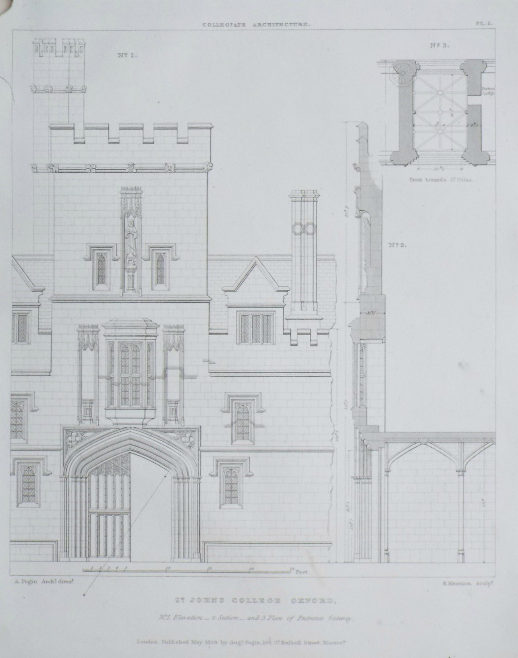 Print - St. Johns College, Oxford, No. 1 Elevation - 2. Section - and 3. Plan of Entrance Gateway.Centre & adjoining Compartment of Cloisters. - Kennion