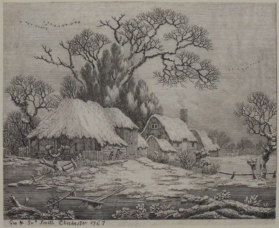 Print - (Winter landscape with riverside cottages under snow) - Smith